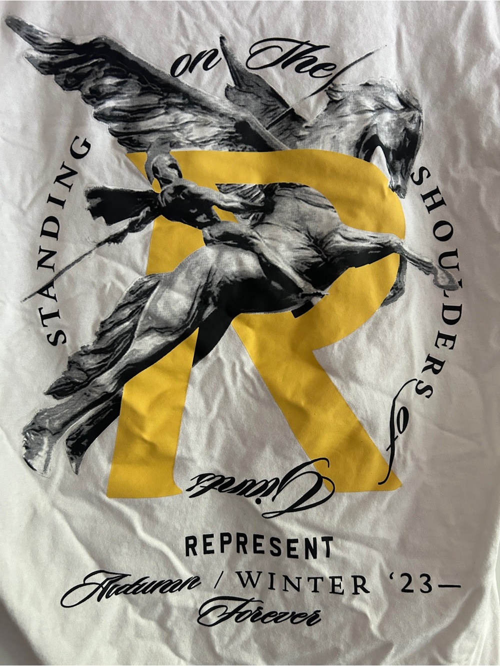 Men's White Graphic T‑Shirt with Yellow 'R'